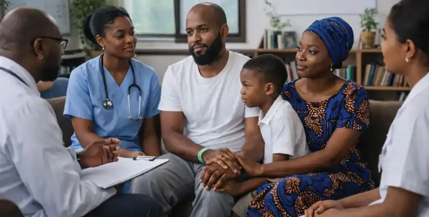 Clinical team counseling a patient in a rehabilitation centre in Nigeria, symbolizing recovery and family support